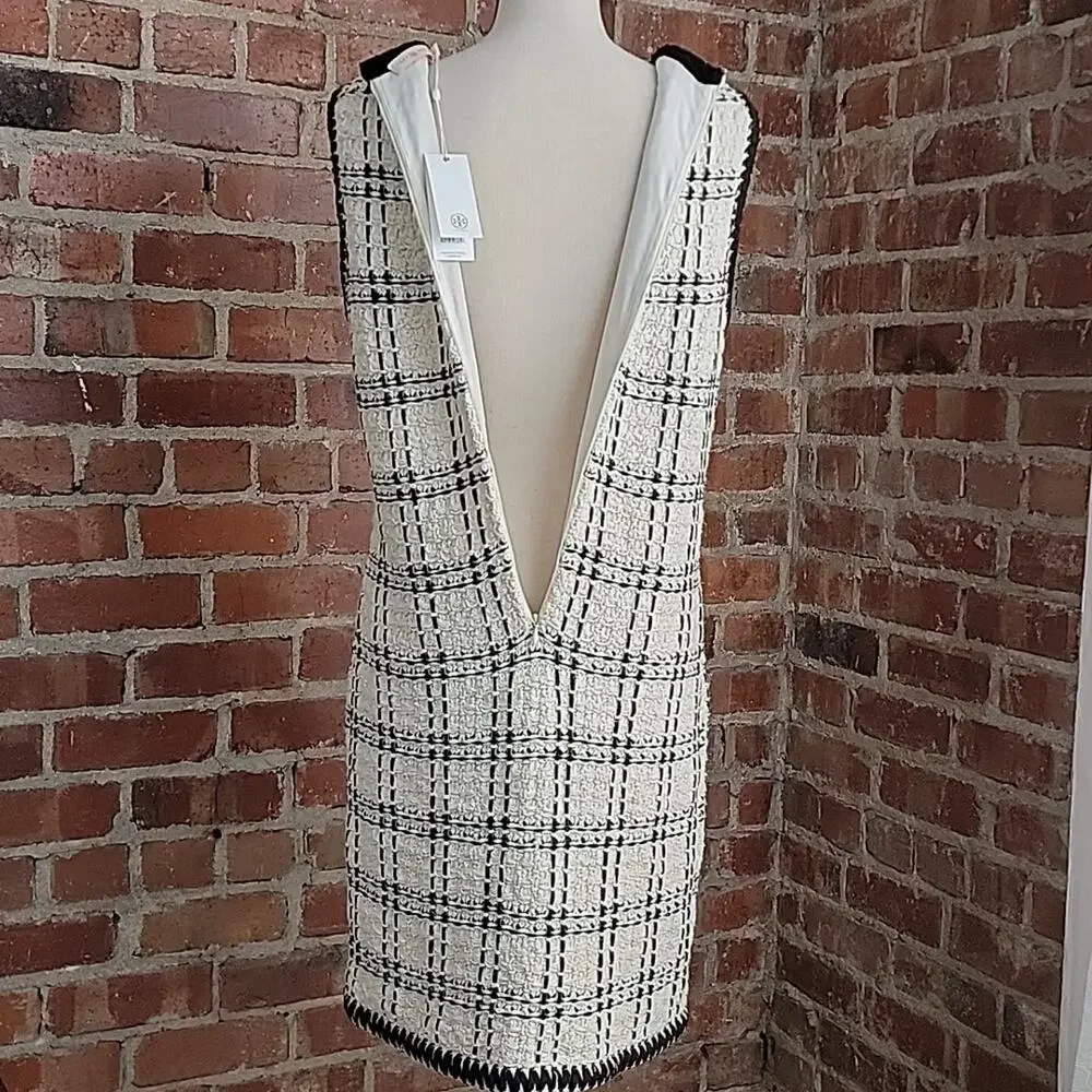 Tory‎ Burch Black Ivory Sleeveless Tweed Midi Dress Medium